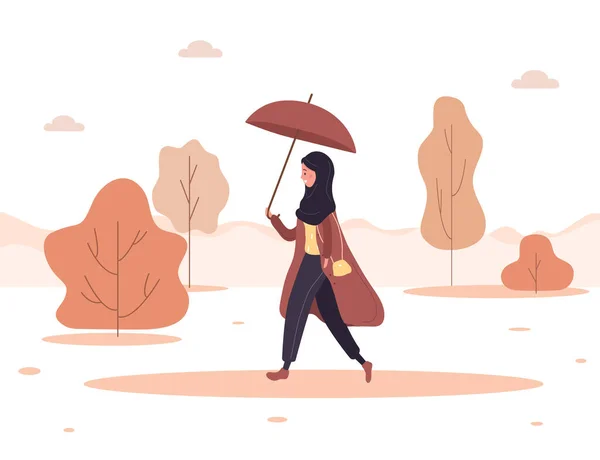 Fondo de otoño. Mujer árabe joven en hijab y abrigo con paraguas va a trabajar, para almacenar o pasear en el parque. Personaje femenino bajo la lluvia. Ilustración vectorial en estilo plano. — Vector de stock