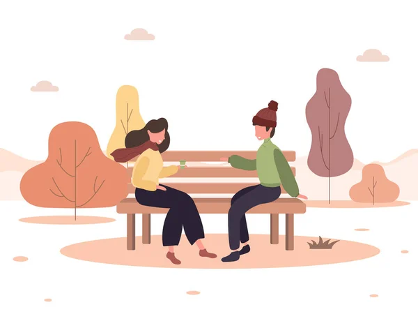 У мужчины и женщины свидание в парке. Романтическая пара сидит на скамейке и улыбается. Два любовника проводят время вместе. Счастливого осеннего фона. Векторная иллюстрация в плоском стиле мультфильма. — стоковый вектор