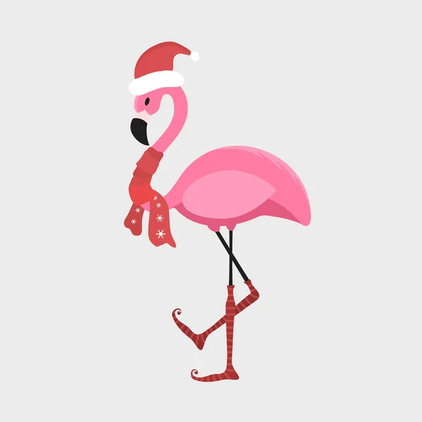 Noel Baba şapkası ve eşarbıyla kış flamingosu. Kartlar, arka planlar, kumaşlar, ambalaj kağıtları için Noel tasarımı. Mutlu Noeller ve mutlu yıllar dikey tebrik kartı. Düz biçimli vektör illüstrasyonu. — Stok Vektör