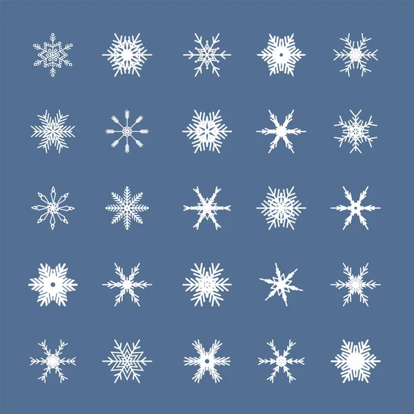 Fiocchi di neve bianchi incastonati isolati su sfondo blu. Elementi neve per Felice Anno Nuovo e Buone feste natalizie decorazione biglietto di auguri. Bella e semplice illustrazione vettoriale di progettazione. — Vettoriale Stock