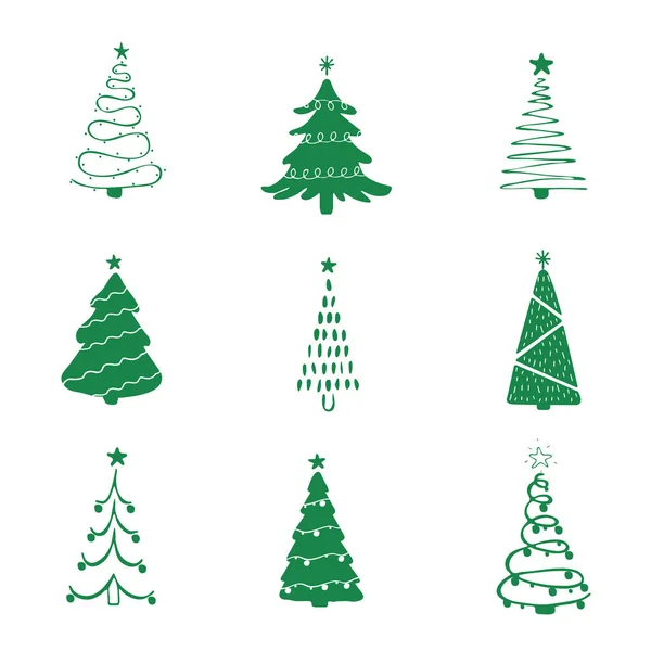 Set van groene kerstboom iconen. Kerst symbool, eenvoudige pictogram collectie. Winterseizoen design element. Oud en nieuw silhouetteken. Vector illustratie in platte stijl. — Stockvector