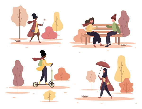 Les gens heureux se promènent ensemble parc d'automne. Jeune femme et homme assis sur le banc et parlant. Citoyens se promener avec des parapluies, équitation kick scooter. Illustration vectorielle en style dessin animé plat. — Image vectorielle