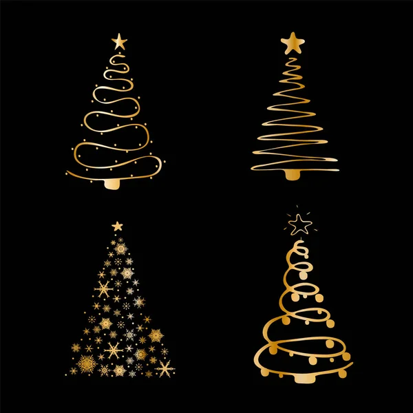 Altın Noel ağacı ikonları seti. Xmas sembolü, basit bir resim koleksiyonu. Kış sezonu tasarımı. Yeni yıl silueti tabelası. Düz biçimli vektör illüstrasyonu.
