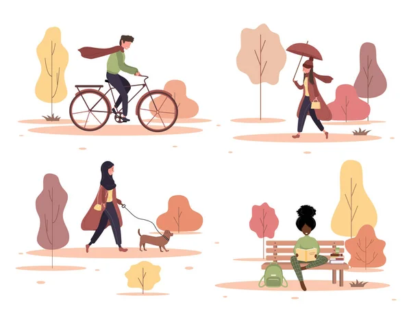 Pessoas felizes anda conjunto parque de outono. Jovem mulher sentada no banco e ler. Cidadãos a passear com o cão, a andar de bicicleta. Ilustração vetorial em estilo de desenho animado plano . —  Vetores de Stock