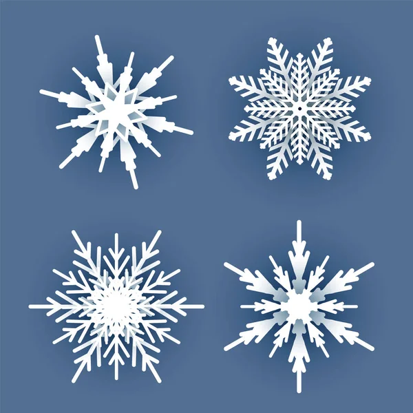 Σύνολο από λευκό χριστουγεννιάτικο χαρτί νιφάδες χιονιού με σκιά σε σκούρο μπλε φόντο. Στοιχεία χιονιού για Ευτυχισμένο το Νέο Έτος και Καλά Χριστούγεννα διακόσμηση ευχετήριων καρτών. Εικονογράφηση διάνυσμα σε επίπεδο στυλ. — Διανυσματικό Αρχείο