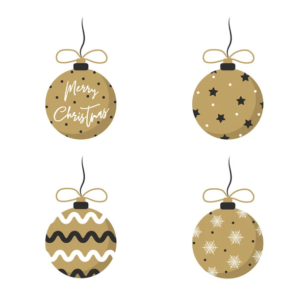 Goldene Weihnachtskugeln mit Geschenkschleifen auf weißem Grund. Set Christbaumschmuck. Vektorillustration im flachen Stil. — Stockvektor