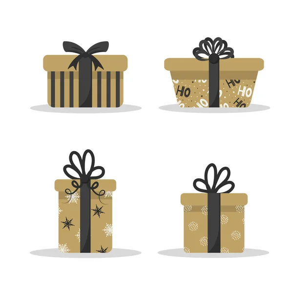 Cajas para regalos en dorado y tonos oscuros aislados sobre fondo blanco. Navidad y Año Nuevo vacaciones. Ilustración vectorial en estilo plano. — Archivo Imágenes Vectoriales