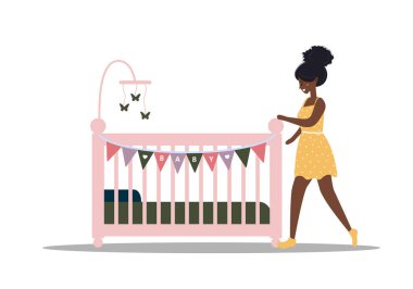 Cot simgesi. Afrikalı kız beşikte duruyor. Bebek eşyaları ikon koleksiyonundan basit bir element. Ui, ux, app, yazılım ve bilgi grafikleri için yaratıcı bebek beşiği. Düz biçimli vektör illüstrasyonu.