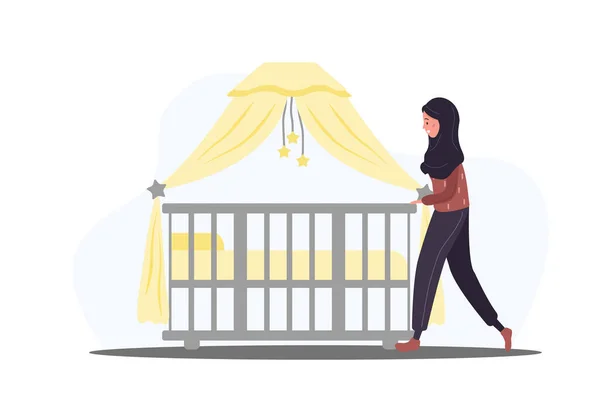 Icône de lit. Une femme arabe se tient à la crèche. Élément simple de la collection d'icônes de choses de bébé. Berceau créatif pour bébé ui, ux, applications, logiciels et infographies. Illustration vectorielle en style plat. — Image vectorielle