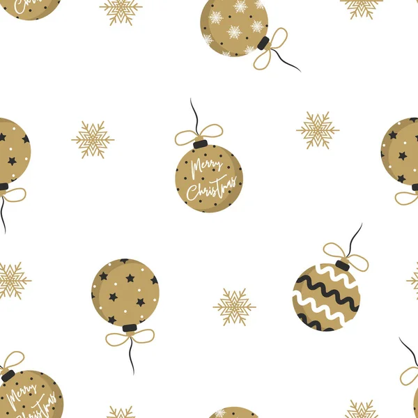 Goldene Weihnachtskugeln mit Geschenkschleifen auf weißem Grund. Nahtloses Muster mit Christbaumschmuck. Vektorillustration im flachen Stil. — Stockvektor