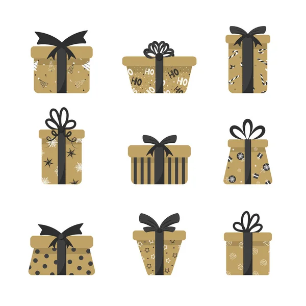 Cajas para regalos en dorado y tonos oscuros aislados sobre fondo blanco. Navidad y Año Nuevo vacaciones. Ilustración vectorial en estilo plano. — Archivo Imágenes Vectoriales