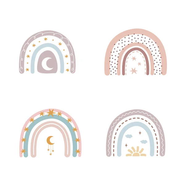 Arcs-en-ciel tendance dans le style boho de différentes couleurs. Arcs-en-ciel avec nuage, soleil, étoiles et lune. Illustrations enfants pour les vacances. Éléments d'art Doodle. Illustration vectorielle moderne. — Image vectorielle