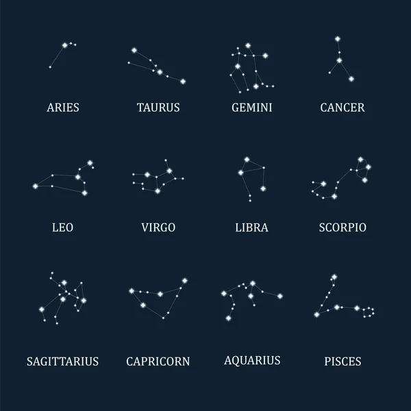 Sinais de constelação do zodíaco. Horóscopo astrológico e sinais de estrelas. Mapas estelares, constelações do céu ou ícones místicos do zodíaco. Ilustração vetorial. — Vetor de Stock