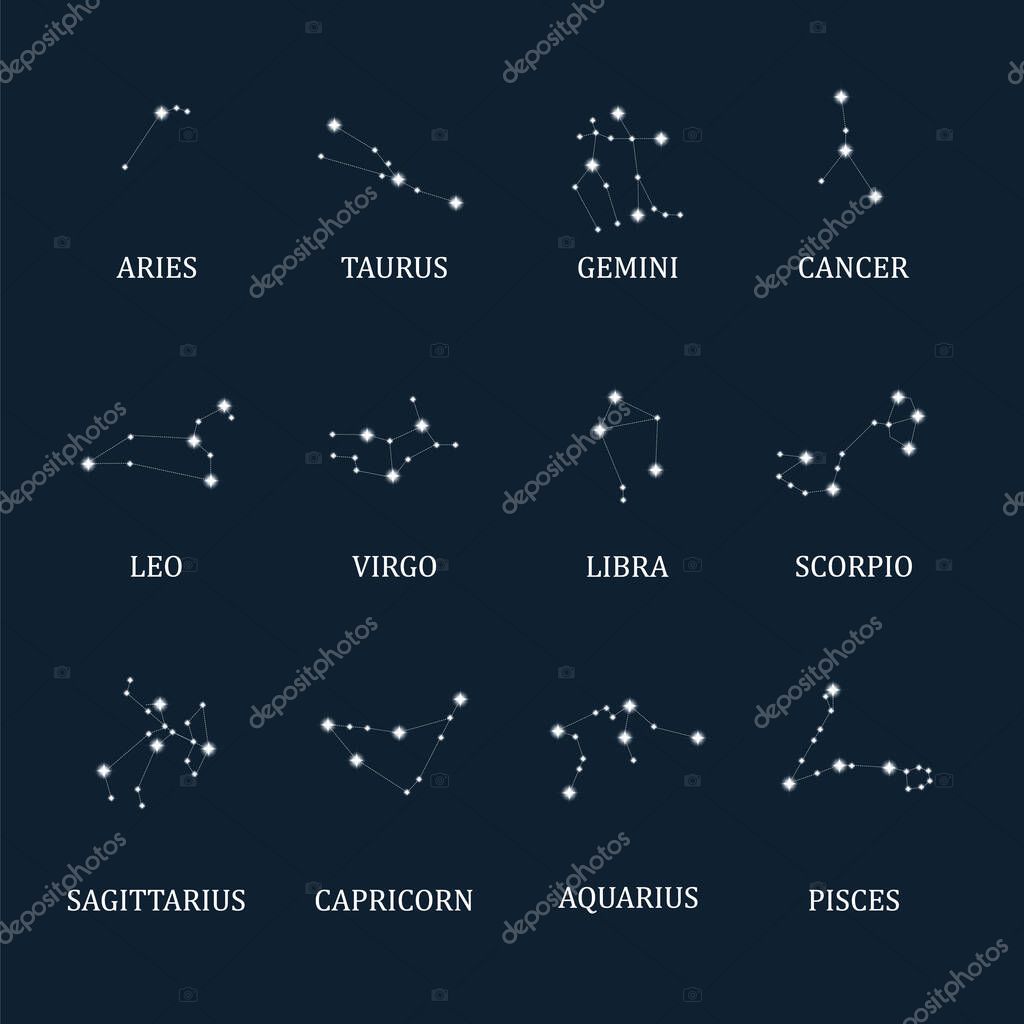 Signos de constelación del zodíaco. Horóscopo astrológico y signos de  estrellas. Mapas estelares, constelaciones del cielo o iconos místicos del  zodíaco. Ilustración vectorial. Vector de stock por ©Keron 403526628, image size:1024x1024