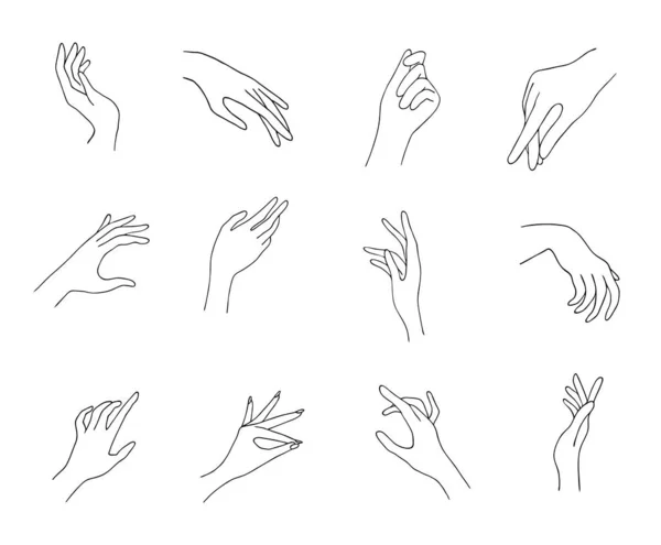 Vrouwen hand pictogrammen. Elegante vrouwelijke handen met verschillende gebaren. Lineart in een trendy minimalistische stijl. Vector Illustratie. EPS10. — Stockvector