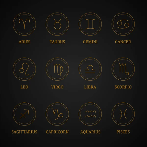 En uppsättning zodiaktecken av guld. Astrologiskt horoskop. Mystiska zodiakikoner. Vektor illustration isolerad på mörk bakgrund. — Stock vektor