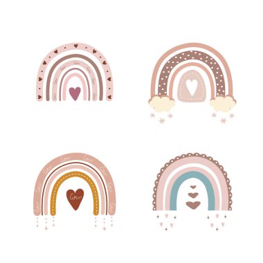 Gökkuşakları farklı renklerde boho tarzında. Bulutlu, yıldızlı ve kalpli gökkuşağı. Tatil için çocuk çizimleri. Doodle sanat öğeleri. Modern vektör illüstrasyonu.