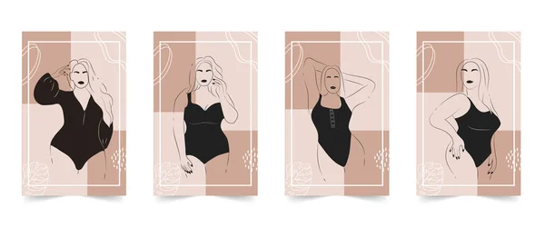 Körper positiv. Abstrakte minimalistische weibliche Figur. Geradlinig elegante Frauen in Dessous und Badeanzug auf abstrakt schlichten Formen. Werbedesign für soziale Medien, Logo für Geschäft, Schönheitssalon, Unterwäsche. — Stockvektor