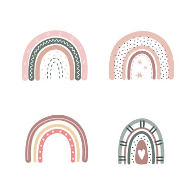 Gökkuşakları farklı renklerde boho tarzında. Yıldızlı ve kalpli gökkuşağı. Tatil için çocuk çizimleri. Doodle sanat öğeleri. Modern vektör illüstrasyonu.