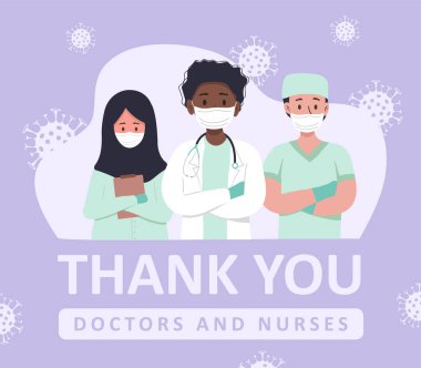 Doktorlara ve hemşirelere yardımları ve hayat kurtardıkları için teşekkür ederim. Erkek ve kadın tıbbi işçilerin portreleri. Teşekkürler kahramanlar, vektör çizimi. Coronavirüs salgını konsepti.