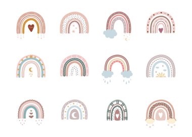 Trendy rainbows in boho style in different color. Rainbows with cloud, sun, stars and hearts. Children illustrations for holidays. Doodle art elements. Modern vector illustration. clipart