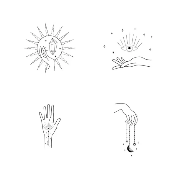 Set vrouwelijke handlogo 's in een minimale lineaire stijl. Verschillende vectorhandgebaren met maan, sterren en kristal. Abstract logo voor cosmetica of schoonheidsproducten, tatoeage, spa, manicure, juwelier. — Stockvector