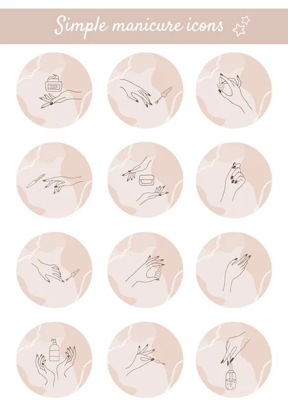 Mani femminili ben curate. Set di copertine evidenziative per i social media. Illustrazione vettoriale di eleganti dita femminili in uno stile lineart alla moda. Logo di bellezza per chiodo studio o salone spa. — Vettoriale Stock