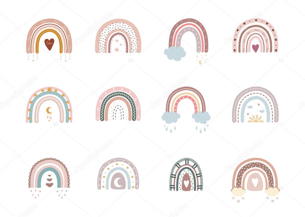 Trendy rainbows in boho style in different color. Rainbows with cloud, sun, stars and hearts. Children illustrations for holidays. Doodle art elements. Modern vector illustration.