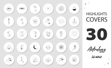 Mystery highlight covers for social media. Esoteric and occult icons. Hands with sword, potions, moon and stars. Magic logo in linear style for cosmetics or beauty products, tattoo, jewelry store. clipart
