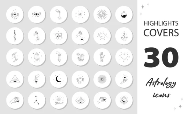 Mystery highlight covers for social media. Esoteric and occult icons. Hands with sword, potions, moon and stars. Magic logo in linear style for cosmetics or beauty products, tattoo, jewelry store. — Stock Vector