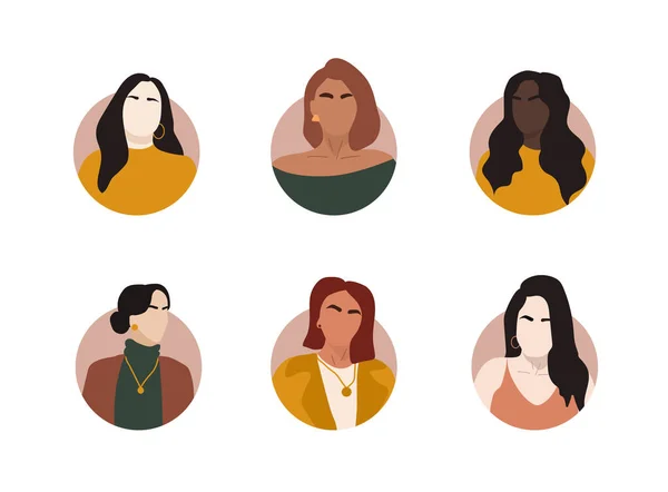 Impostare diversi ritratti di donne astratte di grande squadra di business diversi. Un mucchio di colleghi gioiosi. Collezione di personaggi dei cartoni animati femminili. Varie nazionalità. Set di avatar a cornice rotonda. — Vettoriale Stock