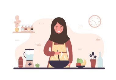 Mutfakta yemek yapan Arap kadın. Gülümseyen kız öğle yemeği ya da akşam yemeği için ev yemeği hazırlıyor. Ev yapımı hamur işi ya da pişirme. Düz çizgi film vektör çizimi.