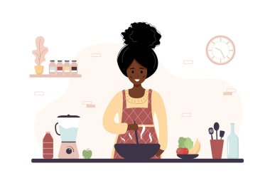 Afrikalı kadın mutfakta yemek pişiriyor. Kız öğle ya da akşam yemeği için ev yemeği hazırlıyor. Ev yapımı hamur işi ya da pişirme. Düz çizgi film vektör çizimi.