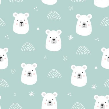 Güzel elli, kusursuz desenli, gülümseyen beyaz ayı. Çizgi film hayvanat bahçesi. Vektör çizimi. İskandinav tarzında çocuk ürünleri tasarlamak için hayvan.