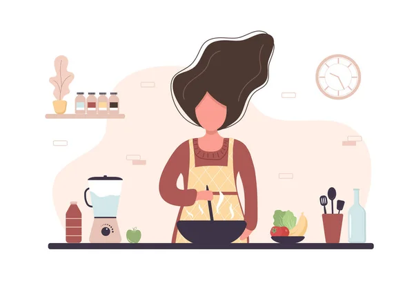 Woman cooking in kitchen. Girl preparing homemade meals for lunch or dinner. Preparation homemade pastry or baking. Flat cartoon vector illustration. — Stock Vector