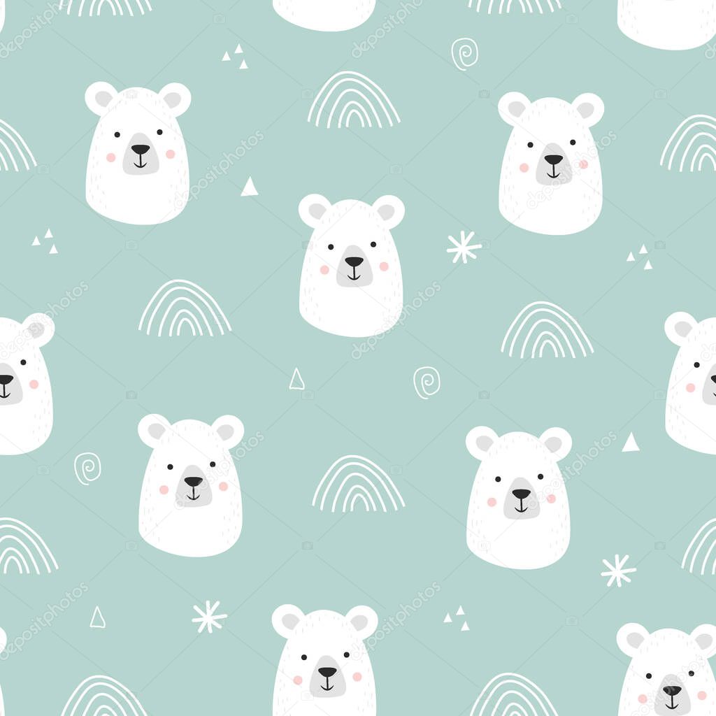Seamless pattern with cute hand drawn smiling white bear. Cartoon zoo. Vector illustration. Animal for the design of children products in scandinavian style