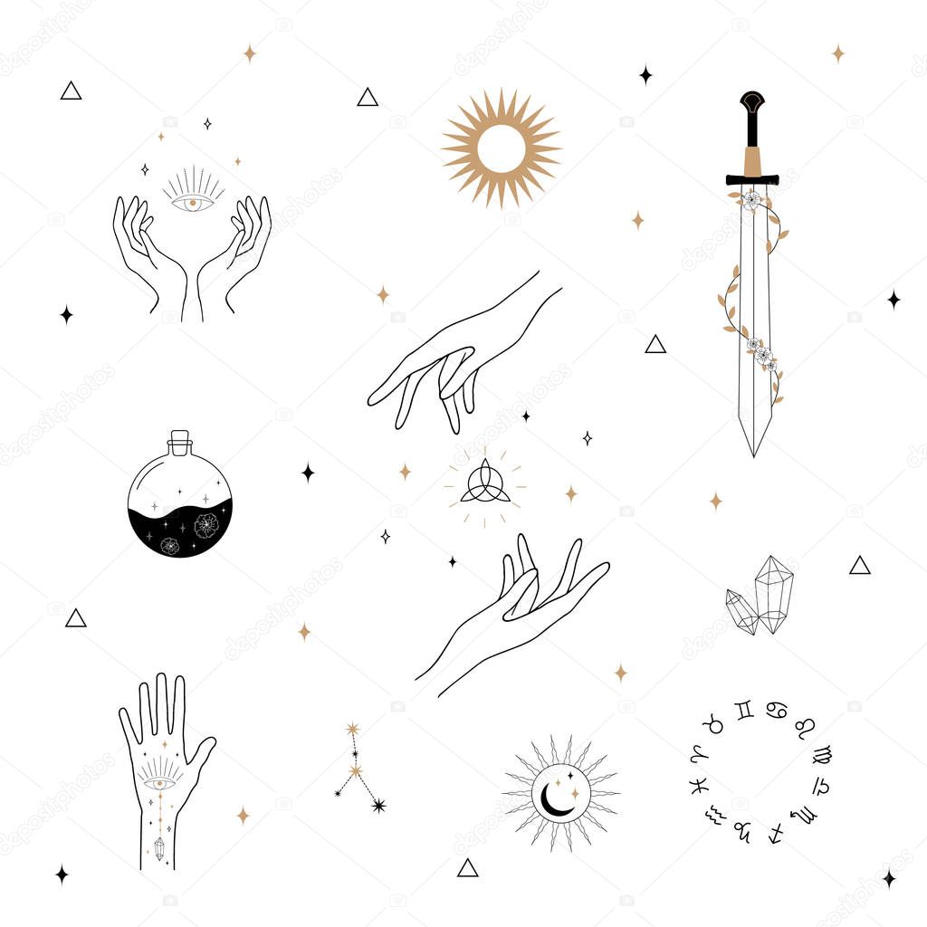 Vector witch magic design elements set. Hand drawn, doodle, sketch magician collection. Witchcraft symbols. Perfect for logo, tattoo, textile, cards, mystery.