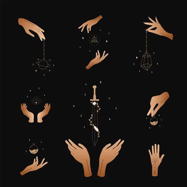 Set di mani femminili. Strega magia e collezione occulta. Diversi gesti della mano vettoriale con spada, stelle e cristallo. Logo astratto per tarocchi, logo, tatuaggio, poster spirituale. — Vettoriale Stock