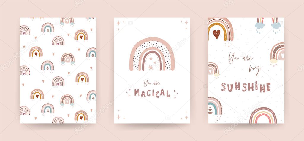 Trendy rainbows in boho style in pastel color. Set of different posters. Children illustrations for post card. Doodle art elements. Modern vector illustration.