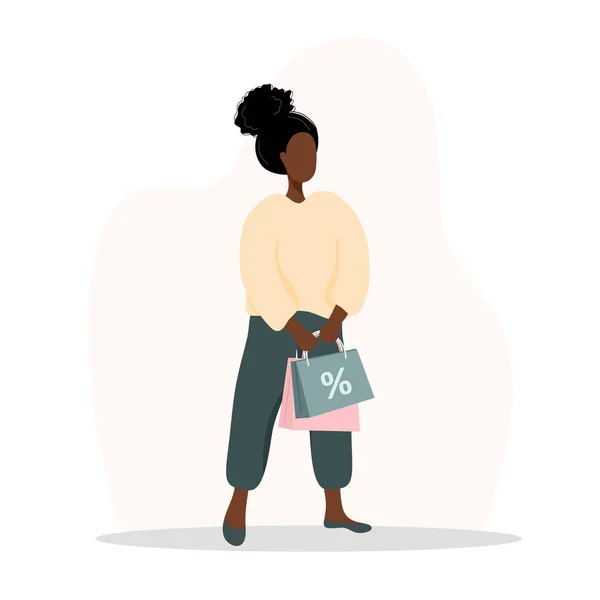 Magasins de femmes. Heureuse fille africaine portant des sacs. Illustration vectorielle de dessin animé isolée sur fond blanc. Modèle de promotion et de vente. — Image vectorielle