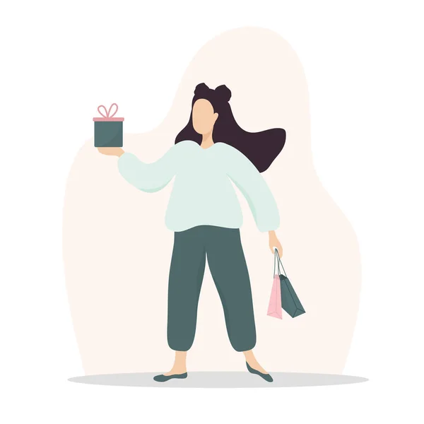 Женщина по магазинам. Счастливая девушка с сумками и подарками. Векторная карикатура изолирована на белом фоне. Шаблон продвижения и продажи. — стоковый вектор