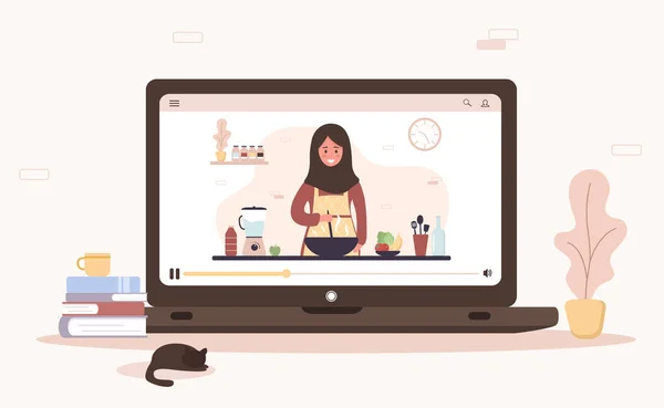 Kochschule. Online Kochkurs. Arabisches Mädchen im Hijab bereitet hausgemachte Mahlzeiten zum Mittag- oder Abendessen zu. Der Koch bringt das Kochen bei. Lernen zu Hause. Flache Cartoon-Vektorillustration. — Stockvektor