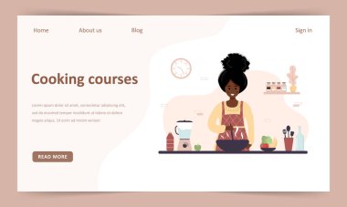 Aşçılık okulu. Çevrimiçi aşçılık ustası sınıfı. İniş sayfası şablonu. Afrikalı kız öğle veya akşam yemeği için ev yapımı yemekler hazırlıyor. Şef yemek yapmayı öğretiyor. Düz çizgi film vektör çizimi.