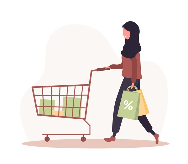 Женщина по магазинам. Счастливая арабская девушка с телегой и сумками. Векторная карикатура изолирована на белом фоне. Шаблон продвижения и продажи. — стоковый вектор