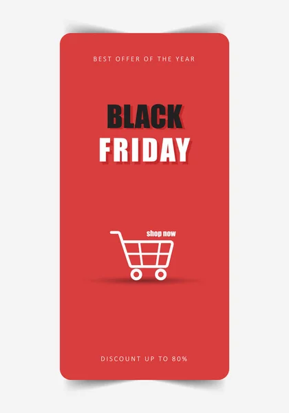 Black Friday sale poster. Commercial discount event banner. Red background with white shopping cart. — Stock Vector