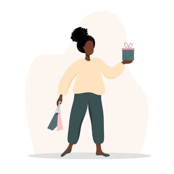 Женщина по магазинам. Счастливая африканская девушка с сумками и подарками. Векторная карикатура изолирована на белом фоне. Шаблон продвижения и продажи. — стоковый вектор