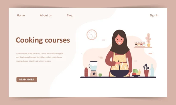 Cooking school. Online culinary master class. Landing page template. Muslim girl in hijab preparing homemade meals for lunch or dinner. The chef teaches to cook. Flat cartoon vector illustration. — Stock Illustration Cooking school. Online culinary master class. Landing page template. Muslim girl in hijab preparing homemade meals for lunch or dinner. The chef teaches to cook. Flat cartoon vector illustration. Stock Illustration