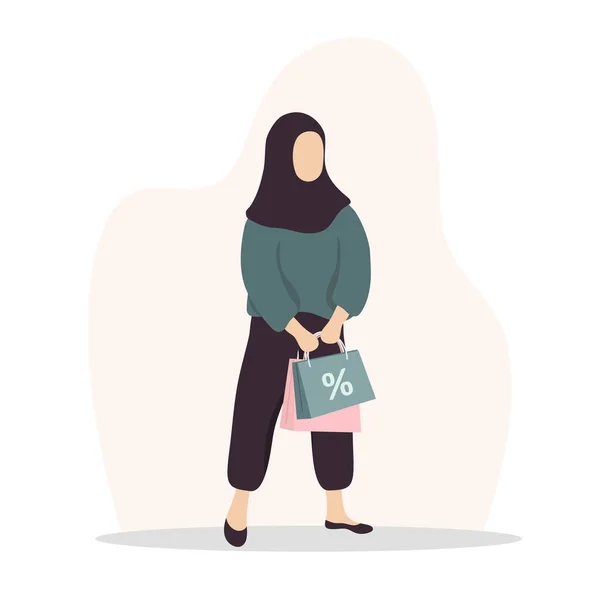 Magasins de femmes. Heureuse fille arabe portant des sacs. Illustration vectorielle de dessin animé isolée sur fond blanc. Modèle de promotion et de vente. — Image vectorielle