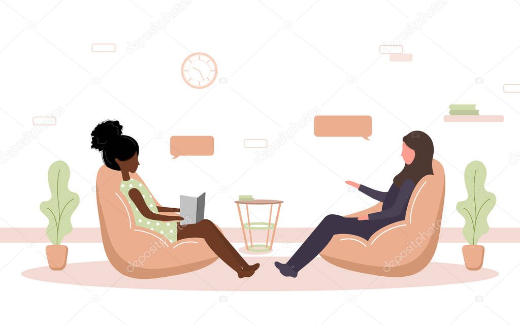 Psychotherapy practice and psychological help. African woman supports arab female with psychological problems. Therapy and counselling for people under stress and depression. Vector in flat style.