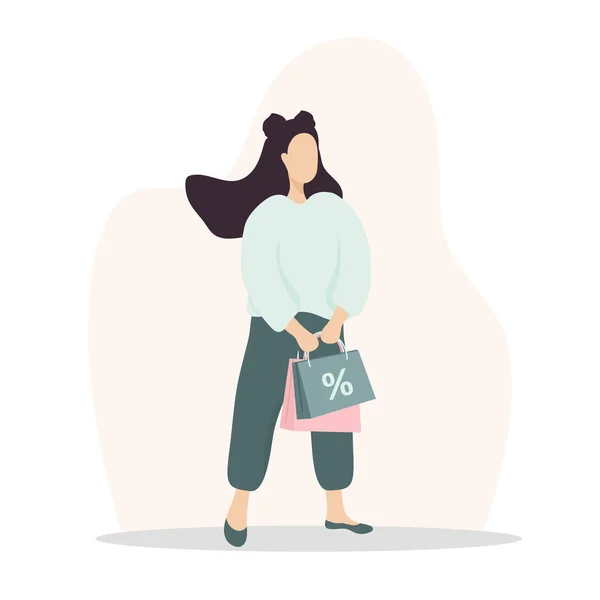 Magasins de femmes. Jolie fille portant des sacs. Illustration vectorielle de dessin animé isolée sur fond blanc. Modèle de promotion et de vente. — Image vectorielle